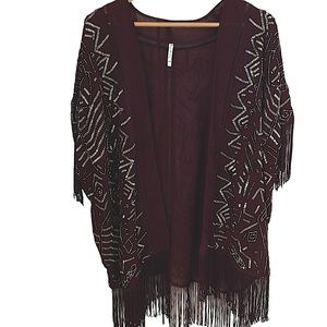 Willow & Clay Beaded Shrug w/ Fringe Deep Burgundy XS (fits M-L see description)